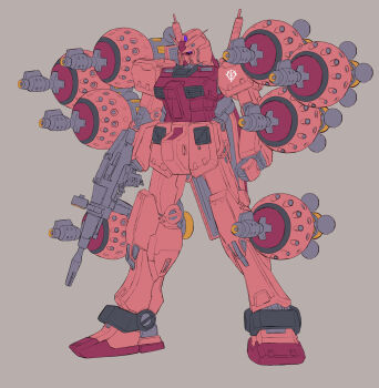 Rule 34 | absurdres, beam cannon, beam rifle, bit (gundam), color variation, commentary request, derivative work, energy gun, grey background, gundam, gundam gquuuuuux, highres, hizumi ms, mecha, mecha focus, mobile suit, no humans, purple eyes, red gundam, redesign, robot, science fiction, v-fin, weapon, zeon
