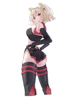 1girl ass blonde_hair boots breasts brown_eyes burnice_white commentary curvy english_commentary from_behind gueya hands_on_own_hips highres large_breasts looking_at_viewer looking_back short_hair short_shorts shorts sideboob smile solo tagme thigh_boots thighhighs twintails underbutt zenless_zone_zero