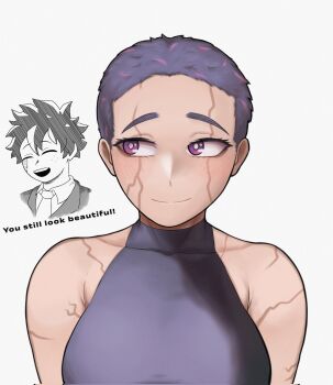 1boy 1girl alternate_hair_length alternate_hairstyle bare_shoulders blush boku_no_hero_academia breasts bright_pupils closed_eyes closed_mouth collarbone collared_shirt commentary english_commentary english_text evoltodraw eyelashes freckles highres lady_nagant midoriya_izuku necktie open_mouth purple_eyes purple_hair scar scar_across_eye scar_on_arm scar_on_face scar_on_shoulder shirt short_hair sideways_glance simple_background sleeveless smile solo_focus very_short_hair white_background white_pupils