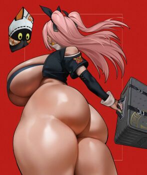 1girl absurdres ass ass_focus bare_shoulders black_ribbon bottomless breasts clothing_cutout crop_top curvy eous_(zenless_zone_zero) from_behind hair_ornament hair_ribbon highres holding holding_suitcase huge_ass huge_breasts long_hair nicole_demara pink_hair ribbon shoulder_cutout simple_background spiralnoww1 standing suitcase thick_thighs thighs two_side_up wide_hips zenless_zone_zero