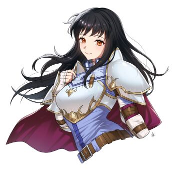 1girl absurdres arm_up armor astrid_(fire_emblem) black_hair breastplate breasts cape clenched_hand commission commissioner_upload fingerless_gloves fire_emblem fire_emblem:_radiant_dawn gloves highres large_breasts long_hair looking_at_viewer nintendo non-web_source pauldrons purple_cape shoulder_armor smile solo upper_body vgen_commission zedoraart