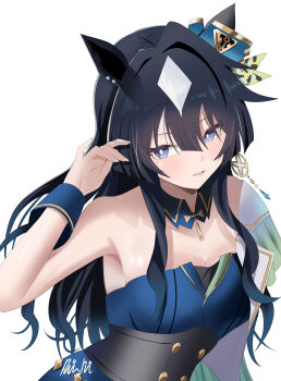 1girl absurdres animal_ears blue_hair blush breasts cleavage collarbone commentary_request earrings hair_ornament highres horse_ears jewelry kirameki_(rikukaikuu) looking_at_viewer medium_breasts mole mole_under_eye necklace open_mouth signature single_earring solo umamusume verxina_(le_beau_sommet)_(umamusume) verxina_(umamusume) white_background
