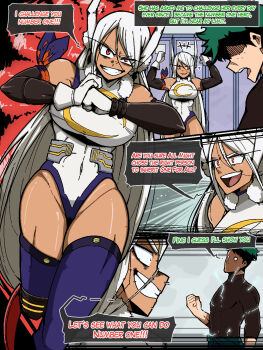 1boy 1girl animal_ears bare_shoulders black_shirt boku_no_hero_academia breasts crazy_grin dark-skinned_female dark_skin english_text flexing green_hair grin highres large_breasts leotard long_hair mark_gavatino midoriya_izuku mirko open_mouth purple_thighhighs rabbit_ears red_eyes shirt smile speech_bubble thighhighs uneven_eyes walking white_hair white_leotard