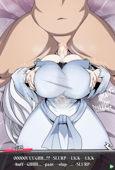 1girl absurdres breasts captain_kirb cleavage clothed_female_nude_male cum dress ejaculation grabbing_own_breast highres nude on_bed paizuri reverse_paizuri rwby weiss_schnee white_hair