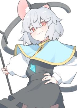 Rule 34 | 1girl, animal ears, black dress, blue capelet, blush, capelet, ch00suke, closed mouth, commentary request, dowsing rod, dress, grey hair, hand on own hip, highres, jewelry, light smile, long sleeves, looking at viewer, mouse ears, mouse girl, mouse tail, nazrin, pendant, red eyes, simple background, solo, tail, touhou, white background