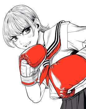 1girl boxing boxing_gloves commentary_request dutch_angle earrings gloves greyscale hatching_(texture) highres jewelry lee_(dragon_garou) monochrome neckerchief open_mouth original pleated_skirt red_gloves red_neckerchief school_uniform serafuku short_hair skirt smile solo spot_color stud_earrings v-shaped_eyebrows