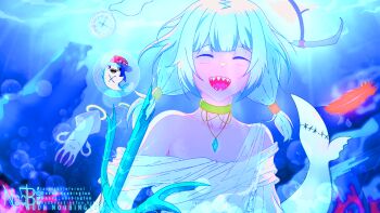 alternate_costume alternate_hairstyle bloop_(gawr_gura) bubble choker closed_eyes feathers fins fish_tail gawr_gura happy highres holding holding_polearm holding_weapon hololive hololive_english ikadachi jewelry multicolored_hair necklace noob_noobington open_mouth pocket_watch polearm revision ruins scythe shark_tail sharp_teeth short_twintails smile tail takodachi_(ninomae_ina'nis) teeth trident twintails underwater virtual_youtuber watch watermark weapon