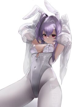 1girl absurdres ahoge animal_ears breasts cameltoe character_name cleavage covered_erect_nipples detached_sleeves fang goddess_of_victory:_nikke hair_between_eyes hairband highres leotard liberalio_(nikke) looking_at_viewer pantyhose purple_hair rabbit_ears rabbit_pose red_eyes rh4a8p short_hair_with_long_locks skin_fang small_breasts solo standing white_background white_hairband white_leotard white_pantyhose white_sleeves