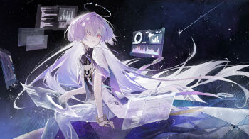 Rule 34 | 1girl, absurdres, breasts, colored eyelashes, commentary, dress, earrings, feet out of frame, grey hair, hair intakes, hair ornament, halo, highres, holographic interface, jacket, jewelry, kko nyal, long hair, looking to the side, mornye (wuthering waves), outdoors, parted lips, purple dress, red eyes, see-through body, sky, small breasts, solo, space, star (sky), starry sky, triangle earrings, turning head, untranslatable commentary, very long hair, white jacket, wuthering waves