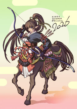 1girl absurdres animal_ears armor arrow_(projectile) black_bridal_gauntlets blue_eyes blunt_bangs bow_(weapon) breasts bridal_gauntlets brown_hair centaur chinese_zodiac closed_mouth commentary_request full_body hamushiki highres holding holding_bow_(weapon) holding_weapon hooves horse_ears horse_tail igote japanese_armor japanese_clothes kimono kote long_hair looking_at_viewer monster_girl multiple_legs obi original ponytail quiver red_rope red_sash rope sash shadow shimenawa sidelocks small_breasts solo standing tail taur thick_eyebrows twitter_username weapon white_kimono white_rope year_of_the_horse