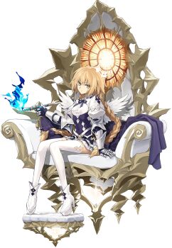 Rule 34 | angel wings, armor, blonde hair, braid, braided twintails, breasts, chair, cushion, fate/grand order, fate (series), feathered wings, full body, game cg, gauntlets, hair ribbon, halo, highres, holding, jeanne d'arc (fate), juliet sleeves, konoe ototsugu, long hair, long sleeves, looking at viewer, medium breasts, metatron jeanne (fate), metatron jeanne (first ascension) (fate), neck ribbon, official art, on chair, puffy sleeves, ribbon, second-party source, shirt, shoes, sitting, skirt, tachi-e, thighhighs, transparent background, twin braids, very long hair, white shirt, white shoes, white thighhighs, white wings, wings, yellow eyes