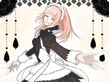 1girl apron blue_eyes breasts feather_trim felicia_(fire_emblem) fire_emblem fire_emblem_fates grin lithety long_sleeves looking_at_viewer looking_to_the_side maid_apron maid_headdress nintendo nohrian_maid_uniform pink_hair ponytail small_breasts smile solo