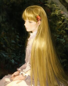 Rule 34 | 1girl, blonde hair, blue eyes, closed mouth, commentary, dress, earrings, expressionless, flower, frilled sleeves, frills, from side, hair flower, hair ornament, highres, jewelry, long hair, long sleeves, looking ahead, original, outdoors, plant, seapall, sitting, solo, very long hair, white dress