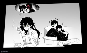 1boy 2girls ? absurdres aierlaobo andrew_graves aroused ashley_graves biting_own_lip black_sweater brother_and_sister choker cigarette dress_shirt greyscale hair_down highres imagining long_hair messy_hair monochrome mother_and_daughter mother_and_son multiple_girls narrowed_eyes no_vest pants partially_unbuttoned ponytail purple_eyes renee_graves shirt short_hair shorts siblings smile smirk smoking smug sweater the_coffin_of_andy_and_leyley torn_clothes torn_pants