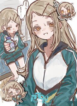 Rule 34 | 1girl, @ @, blonde hair, blush, bottle, chibi, commentary, earrings, faoru ofuton, feet out of frame, flying sweatdrops, green jacket, green shorts, hair ornament, hairclip, highres, holding, holding bottle, jacket, jewelry, long hair, looking at viewer, multicolored jacket, multiple views, open mouth, orange eyes, parallel hairclips, shinosawa hiro, shorts, sitting, smile, speech bubble, stud earrings, sweat, swept bangs, track jacket, track suit, translation request, upper body, water bottle, white jacket, zipper pull tab