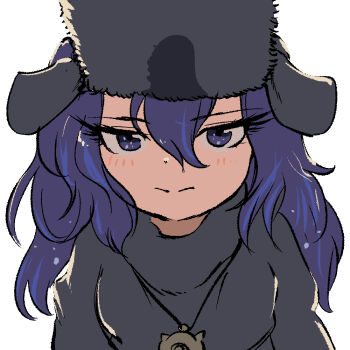 1girl black_hat black_sweater blue_eyes blue_hair blush close-up commentary fins hair_between_eyes hat head_fins japari_symbol jewelry kemono_friends long_hair long_sleeves mcgunngu necklace sidelocks solo sperm_whale_(kemono_friends) sweater turtleneck turtleneck_sweater ushanka whale_girl