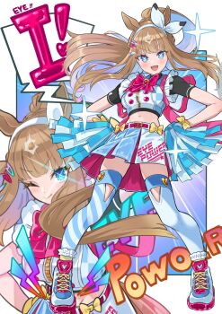 +_+ 1girl absurdres almond_eye_(umamusume) animal_ears belt blue_eyes blush bow bow_hairband braid braided_sidelocks breasts brown_hair closed_mouth colored_inner_hair commentary_request cropped_shirt hair_between_eyes hair_ornament hairband hairclip heart high_ponytail highres holding holding_pom_poms horse_ears horse_girl horse_tail long_hair looking_at_viewer medium_breasts midriff mismatched_thighhighs multicolored_hair nevel one_eye_closed open_mouth pink_bow pom_pom_(cheerleading) pom_poms ponytail ponytail_with_braided_base purple_belt shoes short_sleeves skirt smile solo sparkle speech_bubble symbol-shaped_pupils tail thighhighs umamusume white_hairband x-shaped_pupils yellow_bow yokoji_(kodai2015)