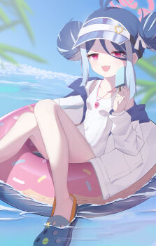 1girl absurdres antenna_hair black_shoes blue_archive blue_hair blue_sky blush bow chyuukaa0124 cloud commentary crocs donut_innertube double_bun food fubuki_(blue_archive) fubuki_(swimsuit)_(blue_archive) hair_between_eyes hair_bow hair_bun halo hat_ornament heart heart_hat_ornament highres holding holding_food holding_popsicle innertube jacket long_sleeves looking_at_viewer lying multicolored_hair ocean official_alternate_costume official_alternate_hairstyle on_back on_innertube one-piece_swimsuit outdoors pink_eyes pink_halo popsicle school_swimsuit shoes sidelocks single_off_shoulder sky solo star_(symbol) swim_ring swimsuit two-tone_hair visor_cap water whistle whistle_around_neck white_bow white_jacket white_one-piece_swimsuit