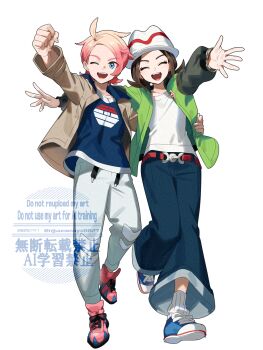 1boy 1girl :d ^_^ arm_around_back arm_up belt blonde_hair blue_eyes blue_shirt brown_hair brown_jacket clenched_hand closed_eyes commentary_request dated denim facing_viewer gradient_hair green_jacket harmony_(pokemon) hat highres jacket jeans looking_at_viewer multicolored_hair ninahachi nintendo one_eye_closed open_mouth pants pink_hair pokemon pokemon_legends:_z-a red_belt shirt short_hair smile teeth twitter_username upper_teeth_only urbain_(pokemon) watermark white_hat white_pants white_shirt