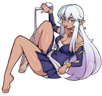 1girl bare_legs barefoot black_dress bottle breasts cleavage commentary commission dark-skinned_female dark_elf dark_skin detached_sleeves double-parted_bangs dress elf english_commentary full_body glass_bottle hair_between_eyes hand_up highres holding holding_bottle large_breasts legs long_hair looking_at_viewer oninuer original pointy_ears potion purple_eyes short_dress simple_background solo spilling toes tongue tongue_out white_background white_hair