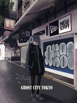 alley aqua_eyes aqua_hair black_hoodie brick_wall building city cityscape commentary commentary_request graffiti hatsune_miku highres hood hoodie industrial_pipe jacket muted_color outdoors p_(pkochan) poster_(object) power_lines road scenery shoes sign sneakers street streetwear twintails vocaloid