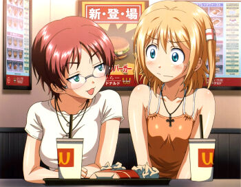 2girls akira_(sisters) aqua_eyes blonde_hair blush cross cross_necklace cup fast_food green_eyes highres indoors jewelry kamimura_chika kouzaka_kouhei logo_parody looking_at_another menu_board multiple_girls necklace nervous official_art open_mouth red_hair restaurant rimless_eyewear round_eyewear shirt short_hair short_sleeves sisters_~natsu_no_saigo_no_hi~ sitting spaghetti_strap sweatdrop t-shirt tray