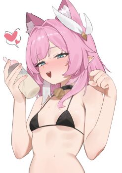 1girl animal_ears bell bikini black_bikini blue_eyes blush bottle breasts cat_ears commentary_request cyrene_(aedes_elysiae)_(honkai:_star_rail) cyrene_(honkai:_star_rail) flasso hair_ornament heart highres holding honkai:_star_rail honkai_(series) milk_bottle multicolored_hair neck_bell open_mouth pink_hair pointy_ears short_hair simple_background small_breasts solo spoken_heart stomach swimsuit two-tone_hair white_background white_hair