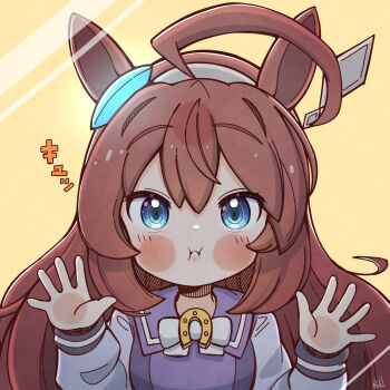 1girl against_glass ahoge animal_ears blue_eyes blush_stickers bow bowtie brown_hair closed_mouth commentary_request double-parted_bangs highres horse_ears horse_girl long_hair long_sleeves looking_at_viewer mihono_bourbon_(umamusume) purple_sailor_collar purple_shirt rakugakiraid sailor_collar school_uniform serafuku shirt simple_background solo tracen_school_uniform umamusume upper_body white_bow white_bowtie winter_uniform