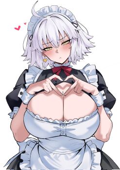 1girl ahoge alternate_breast_size_(larger) alternate_costume apron bear_boss black_dress blush breasts check_commentary cleavage closed_mouth commentary commentary_request dress earrings eyelashes fate/grand_order fate_(series) frilled_apron frills grey_hair hair_between_eyes heart heart_earrings heart_hands highres huge_breasts jeanne_d&#039;arc_alter_(fate) jewelry looking_at_viewer maid maid_apron maid_headdress puffy_short_sleeves puffy_sleeves short_hair short_sleeves simple_background solo standing upper_body waist_apron white_apron white_background white_hair wrist_cuffs yellow_eyes