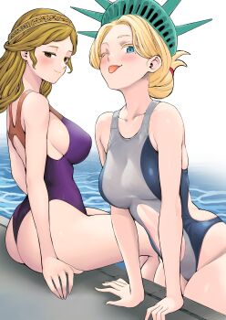 2girls ;p absurdres ass blonde_hair blue_eyes blush breasts clothing_cutout collarbone commentary_request folded_ponytail grey_one-piece_swimsuit highres kuroki_yuushin large_breasts mole mole_under_eye multiple_girls navel_cutout one-piece_swimsuit one_eye_closed original poolside purple_one-piece_swimsuit simple_background smile soaking_feet standing statue_of_liberty swimsuit thighs tongue tongue_out water white_background yellow_eyes
