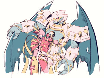 Rule 34 | 2boys, armor, black wings, cowboy shot, digimon, digimon (creature), digipuri, dynasmon, flower, helmet, holding, holding flower, lordknightmon, multiple boys, pink armor, pink helmet, red flower, red rose, rose, royal knights, simple background, torn wings, white armor, white background, white helmet, wings