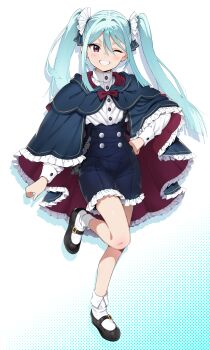 1girl ;d absurdres arm_at_side black_shoes blue_background blue_cloak blue_hair blunt_ends blunt_sidelocks borrowed_character bow bowtie cloak colored_shadow commission double-parted_bangs drop_shadow flat_chest fold-over_socks full_body gradient_background grin hair_between_eyes hand_on_own_hip happy high-waist_shorts highres long_hair long_sleeves mary_janes one_eye_closed open_mouth original red_bow red_bowtie red_eyes second-party_source shadow shirt shirt_tucked_in shoes shorts sidelocks skeb_commission smile socks solo standing standing_on_one_leg tobimachi twintails v-shaped_eyebrows white_background white_shirt white_socks