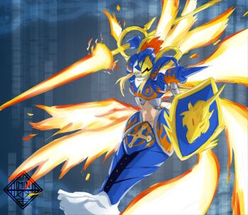 Rule 34 | angel, armor, corruption, digimon, digimon (creature), digimon story: sunburst and moonlight, fire, flying, horns, lance, mask, morgannox, ofanimon, ofanimon core, polearm, shield, weapon, wings