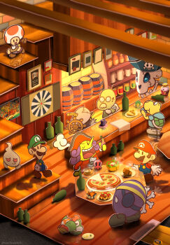 admiral_bobbery annotated artist_name barrel blue_overalls brown_shoes commentary_request cortez eyepatch facial_hair flavio food fuse glasses gloves green_hat green_shirt hat highres koops luigi maribou_(supermaribou) mario mario_(series) mini-yoshi mustache newsboy_cap nintendo overalls pa-patch paper_luigi paper_mario paper_mario:_the_thousand-year_door paper_mario_(character) pepperoni pizza podley pointy_nose red_hat red_shirt reflective_floor screamy shadow shirt shoes skull_gem_(mario) sleeping solid_oval_eyes white_gloves white_shoes yoshi