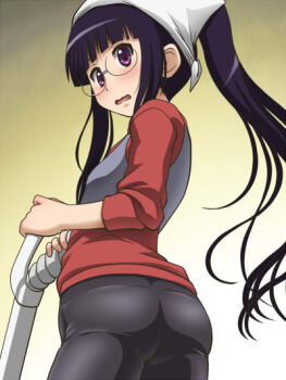 1girl ass awa blush glasses inu_x_boku_ss long_hair looking_at_viewer open_mouth ponytail purple_eyes purple_hair shirakiin_ririchiyo solo standing very_long_hair