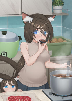 2girls absurdres aina_(mao_lian) animal_ear_fluff animal_ears blue_eyes blue_skirt blush bowl breasts brown_hair brown_sweater brown_tail cat_ears cat_girl cat_tail child commentary_request cooking food glasses hair_between_eyes highres holding holding_bowl indoors kitchen long_hair mao_lian_(nekokao) meat medium_breasts mother_and_daughter multiple_girls original parted_bangs plant plate ponytail potato potted_plant pregnant rice_cooker skirt sleeveless sleeveless_turtleneck soup stirring stove sweater tail tasting tasting_plate turtleneck turtleneck_sweater very_long_hair