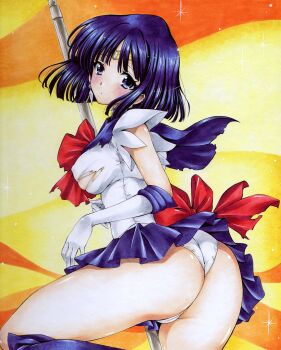 1girl absurdres ass bishoujo_senshi_sailor_moon black_hair blue_eyes blush boots bow cameltoe elbow_gloves gloves highres hmdark-9 legs leotard looking_at_viewer no_bra panties pantyshot red_bow sailor_saturn school_uniform serafuku short_hair silence_glaive solo thighs tomoe_hotaru torn_clothes torn_leotard traditional_media underwear wedgie white_gloves white_panties