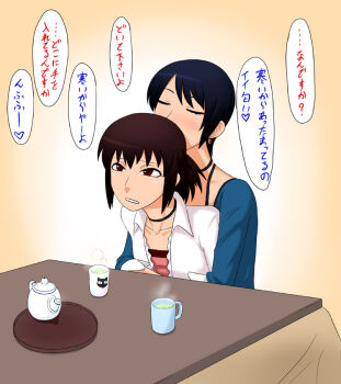 2girls black_choker choker clothed_sex embarrassed fatal_frame fatal_frame_iii:_the_tormented hinasaki_miku hug hug_from_behind kotatsu kurosawa_rei ml multiple_girls on_floor short_hair table torso_grab translated wife_and_wife yuri