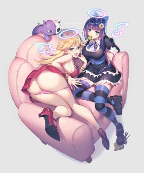 2girls absurdres ass bangle black_dress black_footwear blonde_hair blue_eyes blue_hair blue_ribbon blunt_bangs bracelet breasts butt_crack candy collared_dress couch dress earrings finger_to_mouth food foreshortening from_above gomashio_ponz grey_background hair_between_eyes halo hand_up high_heels highres holding holding_candy holding_food holding_lollipop hoop_earrings jewelry kneepits large_breasts lollipop long_hair long_sleeves looking_at_viewer looking_back medium_breasts multicolored_hair multiple_girls nail_polish naughty_face neck_ribbon open_mouth panties panty_&amp;_stocking_with_garterbelt panty_(psg) panty_pull pink_hair pink_panties puffy_sleeves pulling_own_clothes purple_nails raised_eyebrows red_dress red_footwear red_nails ribbon siblings side-tie_panties simple_background sisters sitting stocking_(psg) striped_clothes striped_legwear striped_thighhighs stuffed_animal stuffed_cat stuffed_toy thighhighs thighs twitter_username two-tone_hair underwear