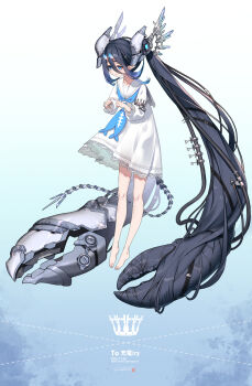Rule 34 | 1girl, absurdly long hair, barefoot, black hair, blue background, blue eyes, cable, commission, crab claw, dress, fidgeting, full body, gradient background, hair between eyes, highres, horns, long hair, mechanical tail, original, plantar flexion, pointy ears, sailor collar, skeb commission, solo, tail, tube, twintails, two-tone background, very long hair, white background, white dress, white sailor collar, zenmaibook