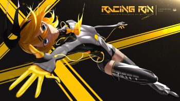 1girl absurdres black_bodysuit black_bow black_hairband black_jumpsuit black_thighhighs blonde_hair blue_eyes bodysuit bow breasts character_request commentary covered_navel english_commentary eriott fur-trimmed_vest fur_trim hair_between_eyes hair_bow hairband highres jumpsuit kagamine_rin parted_lips short_hair short_jumpsuit small_breasts solo thighhighs vest vocaloid