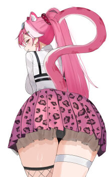1girl animal_ear_piercing animal_ears animal_print black_panties black_thighhighs blush breasts commentary ear_piercing earrings english_commentary extra_ears facial_mark fang fishnet_thighhighs fishnets from_behind goggles goggles_on_head grin hair_ornament hair_scrunchie hairclip high_ponytail highres hololive hololive_english jewelry ku_roiko large_breasts leopard_print long_hair long_sleeves looking_back multicolored_hair panther_ears panther_girl panther_tail panties piercing pink_hair pink_scrunchie pink_skirt pink_tail pleated_skirt polka_dot polka_dot_scrunchie ponytail raora_panthera scrunchie shirt simple_background single_thighhigh skirt smile solo star_(symbol) star_earrings star_facial_mark streaked_hair suspenders tail teeth thigh_strap thighhighs thighs two-tone_hair underwear virtual_youtuber white_background white_shirt yellow_eyes