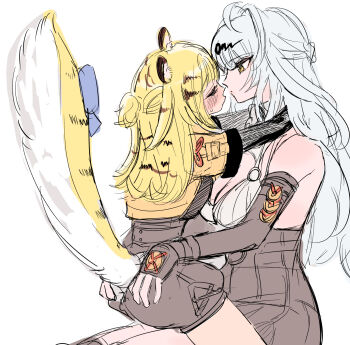 2girls ahoge anayama_(anayama_radio) animal_ear_fluff animal_ears arms_around_neck bare_shoulders black_shorts black_unitard blush bra breasts closed_eyes colored_inner_hair commentary_request cowboy_shot elbow_gloves from_side gloves hair_ornament hairpin hands_on_another&#039;s_ass high-waist_shorts highres imminent_kiss jacket ju_fufu large_breasts long_hair looking_at_another multicolored_hair multiple_girls no_jacket orange_fur shirt shorts simple_background single_elbow_glove sitting sitting_on_lap sitting_on_person striped_fur striped_hair sweatdrop tail tail_ornament tiger_ears tiger_girl tiger_stripes tiger_tail underwear white_background white_bra white_shirt yellow_eyes yellow_jacket yixuan_(zenless_zone_zero) yuri zenless_zone_zero