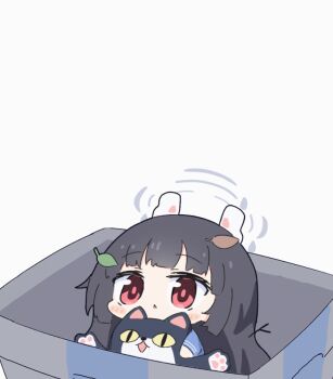 3girls animated animated_gif beret black_hair blue_archive blue_shirt blush_stickers cat chibi commentary_request grey_halo halo hat in_container in_trash_can justice_task_force_member_(blue_archive) leaf leaf_on_head long_hair longcat_(meme) looking_at_viewer looking_to_the_side meme miyu_(blue_archive) multiple_girls no_shoes pantyhose parted_lips red_eyes red_halo shirt trash_can umihio very_long_hair wavecat_(blue_archive) white_pantyhose