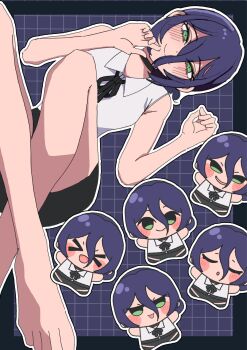 1girl barefoot black_choker black_ribbon black_shorts chainsaw_man chibi chibi_inset choker closed_mouth collared_shirt fyrvwyhrdgjlfka green_eyes hair_between_eyes highres looking_at_viewer neck_ribbon purple_hair reze_(chainsaw_man) ribbon shirt shorts sleeveless sleeveless_shirt smile white_shirt