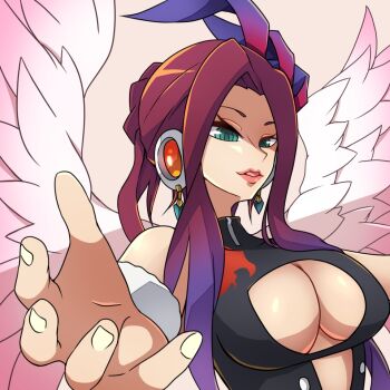 1girl 2023 android black_one-piece_swimsuit bracelet cleavage_cutout clothing_cutout commentary curtained_hair earrings female_focus ferham_(mega_man) jewelry mega_man_(series) mega_man_x:_command_mission mega_man_x_(series) mega_man_x_dive official_alternate_costume one-piece_swimsuit open_hand parted_lips pink_background red_lips ringed_eyes roy_payne simple_background solo stomach_cutout swimsuit swimsuit_ferham_(mega_man) turtleneck upper_body variant_set wings