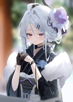 1girl absurdres ahoge black_gloves blue_archive blush breasts commentary_request demon_girl demon_horns flower gloves hair_flower hair_ornament highres hina_(blue_archive) horns japanese_clothes k2_(jack_lin) kimono long_hair looking_at_viewer outdoors purple_eyes small_breasts solo upper_body white_hair