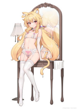 1girl ahoge animal_ear_fluff animal_ears ass beads blonde_hair bow bow_bra bow_panties bra breasts brown_eyes cat_ears cat_girl cat_tail clothing_cutout crotchless crotchless_panties cupless_bra elbow_gloves full_body garter_belt garter_straps gloves hand_on_own_hip heart heart_tattoo high_heels highres lamp legs lingerie little_witch_nobeta loli long_hair looking_at_viewer lowleg lowleg_panties mirror navel nobeta official_art oopartz_yang panties pearl_bra pearl_thong pubic_tattoo reflection second-party_source shoes small_breasts smile solo standing stomach table tail tail_through_clothes tattoo thighhighs thighs thong twintails underwear underwear_only white_bra white_garter_belt white_garter_straps white_gloves white_panties white_shoes white_thighhighs