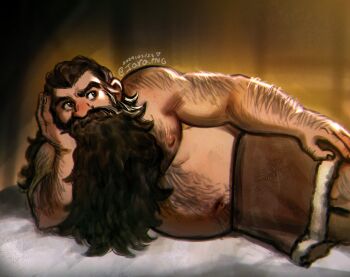 1boy back_hair bara beard belly derivative_work dungeon_meshi dwarf facial_hair fake_horns fat fat_man full_beard hairy helmet highres horned_helmet horns iara_png large_pectorals long_beard looking_to_the_side male_focus mature_male muscular muscular_male mustache navel nipples pectorals screenshot_redraw senshi_(dungeon_meshi) solo stomach thick_arm_hair thick_beard thick_chest_hair thick_eyebrows thick_leg_hair thick_mustache thick_navel_hair topless_male very_hairy very_long_beard