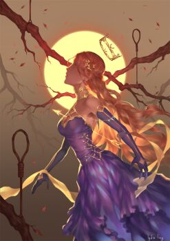1girl autumn_leaves bare_shoulders bare_tree breasts brown_hair commentary cowboy_shot crown dress elbow_gloves english_commentary floating_crown from_side gloves grey_eyes leaf long_hair looking_up lydialing_draws medium_breasts noose nose original parted_lips purple_dress purple_gloves realistic solo sun tree